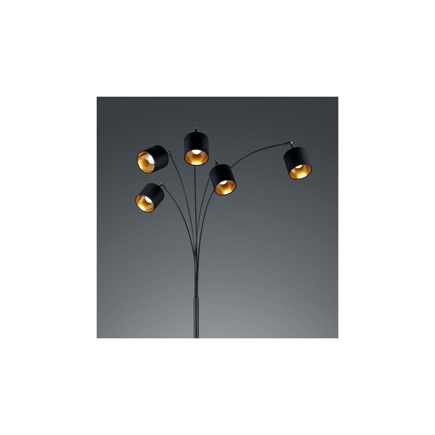 Lampadaire 5 branches TOMMY noir avec abat-jour noir et or