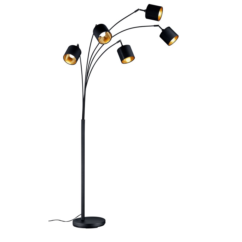 Lampadaire 5 branches TOMMY noir avec abat-jour noir et or