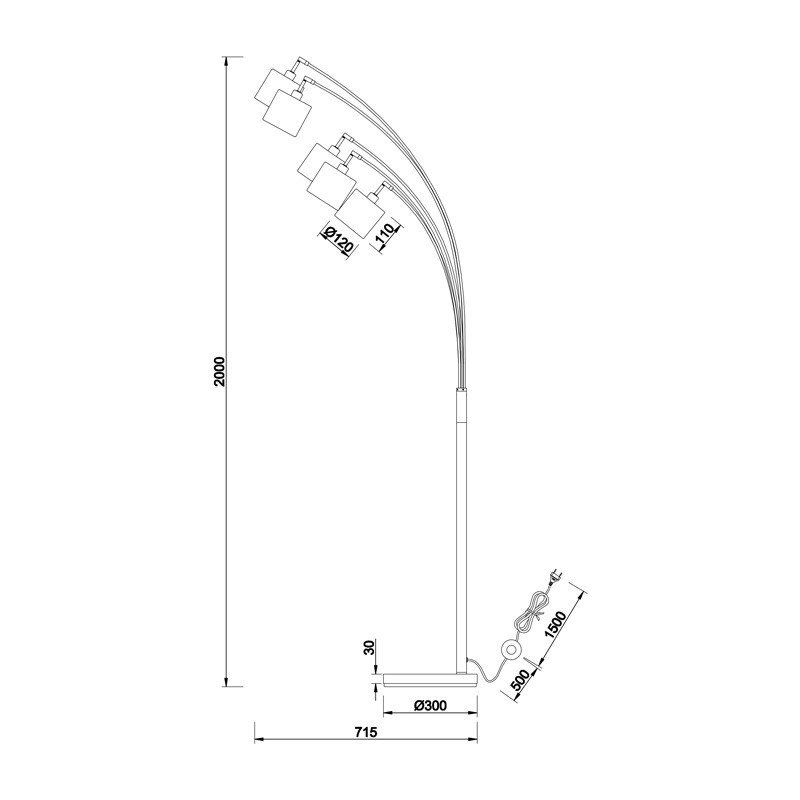 Lampadaire 5 branches TOMMY noir avec abat-jour noir et or