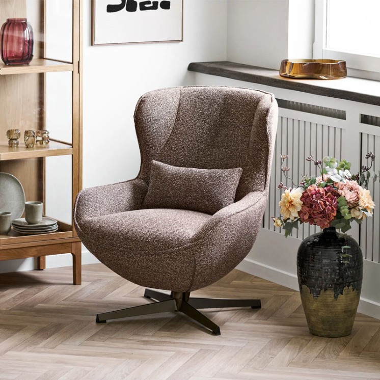 Fauteuil confortable pivotant BLENHEIM, tissu chiné marron et pied couleur bronze