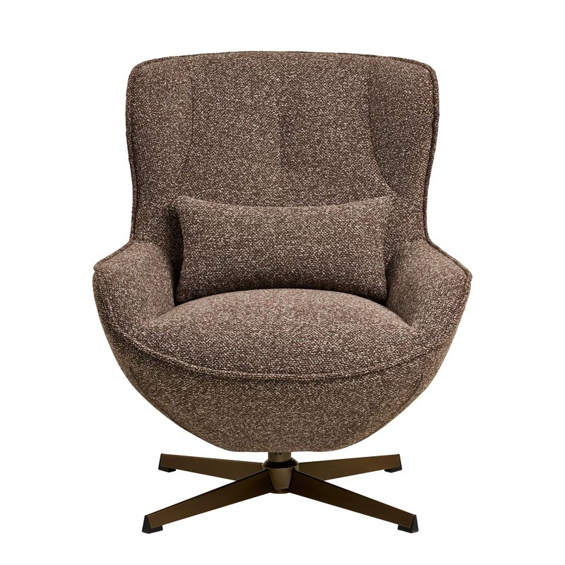 Fauteuil confortable pivotant BLENHEIM, tissu chiné marron et pied couleur bronze