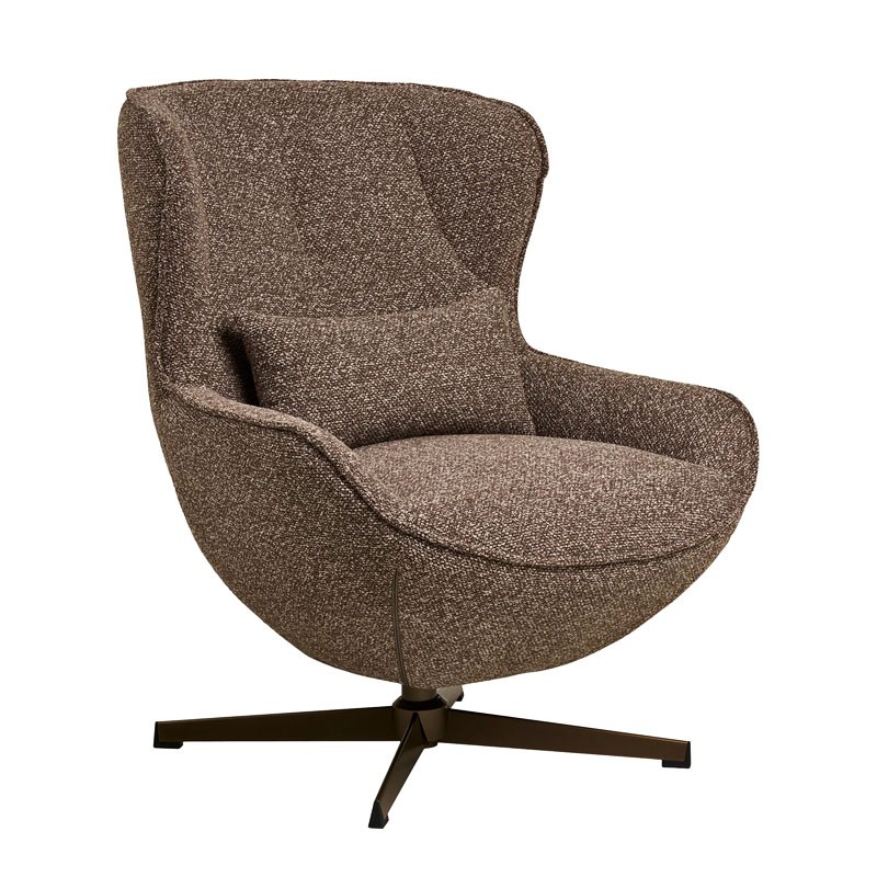 Fauteuil confortable pivotant BLENHEIM, tissu chiné marron et pied couleur bronze