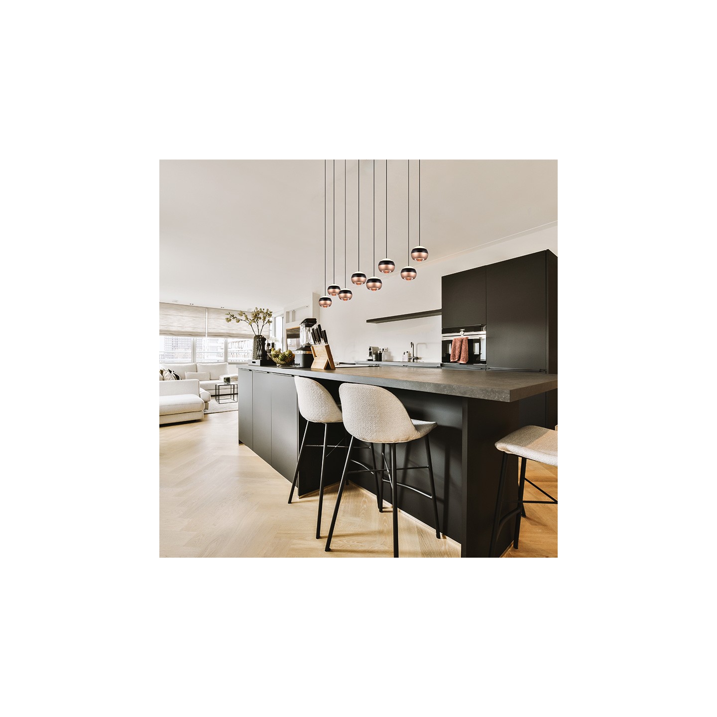 Suspension boule design ORBIT 8 LAMPES, finition nickel ou cuivre