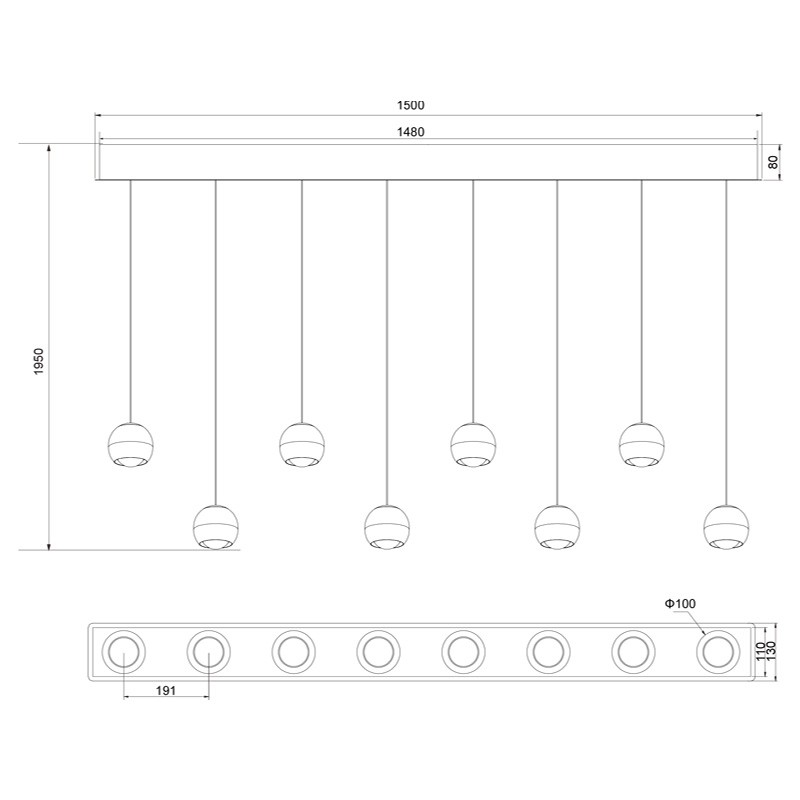 Suspension boule design ORBIT 8 LAMPES, finition nickel ou cuivre