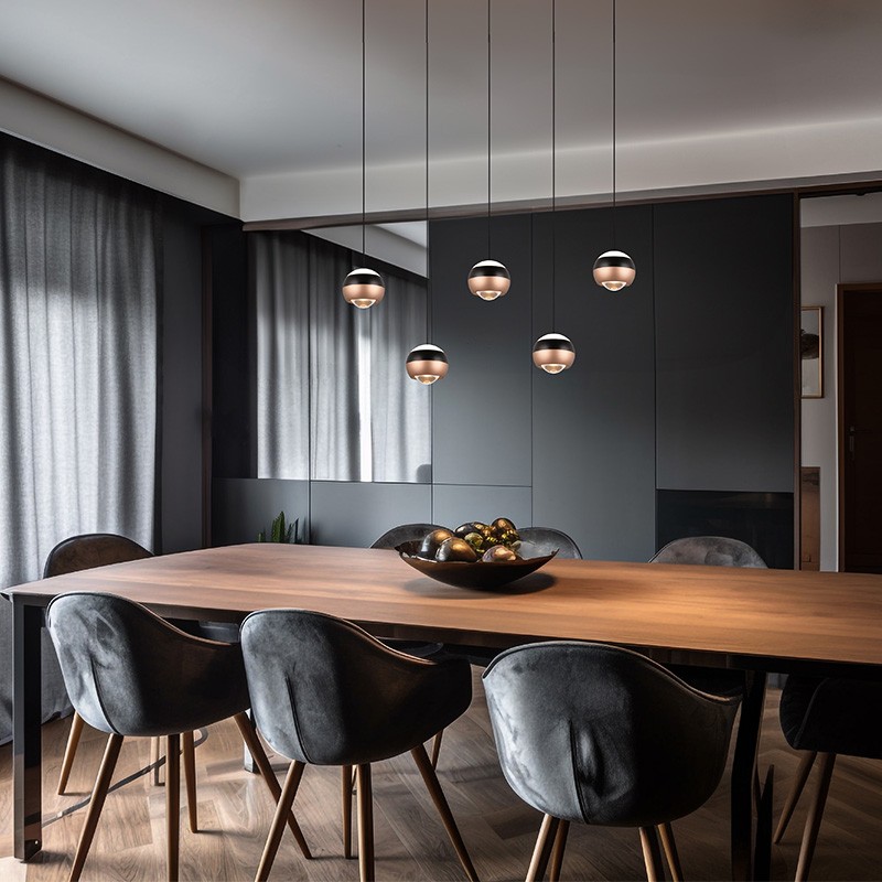 Suspension boule design ORBIT 5 LAMPES, finition nickel ou cuivre