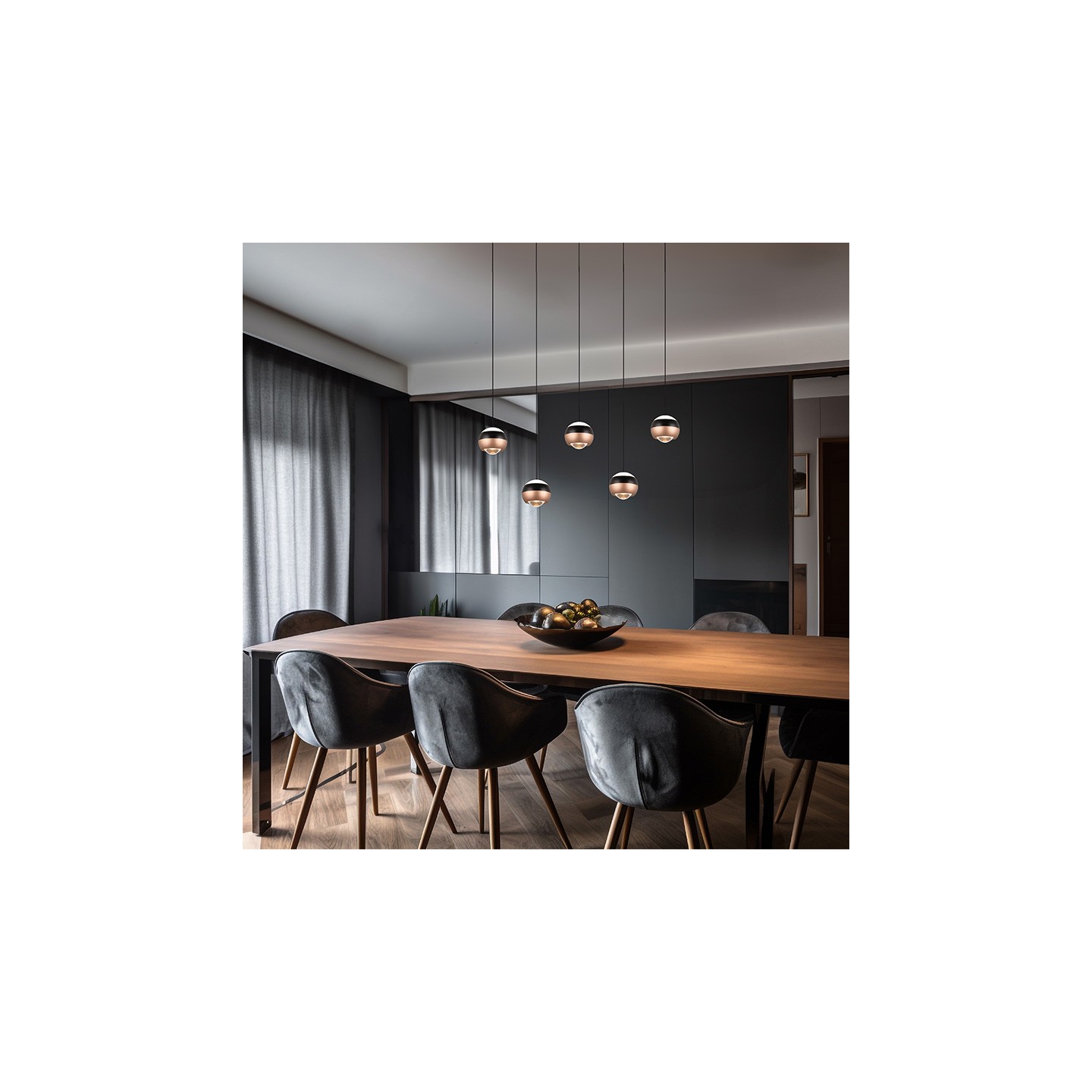 Suspension boule design ORBIT 5 LAMPES, finition nickel ou cuivre