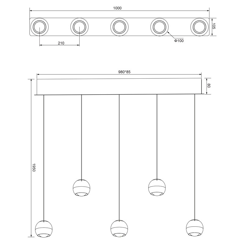 Suspension boule design ORBIT 5 LAMPES, finition nickel ou cuivre