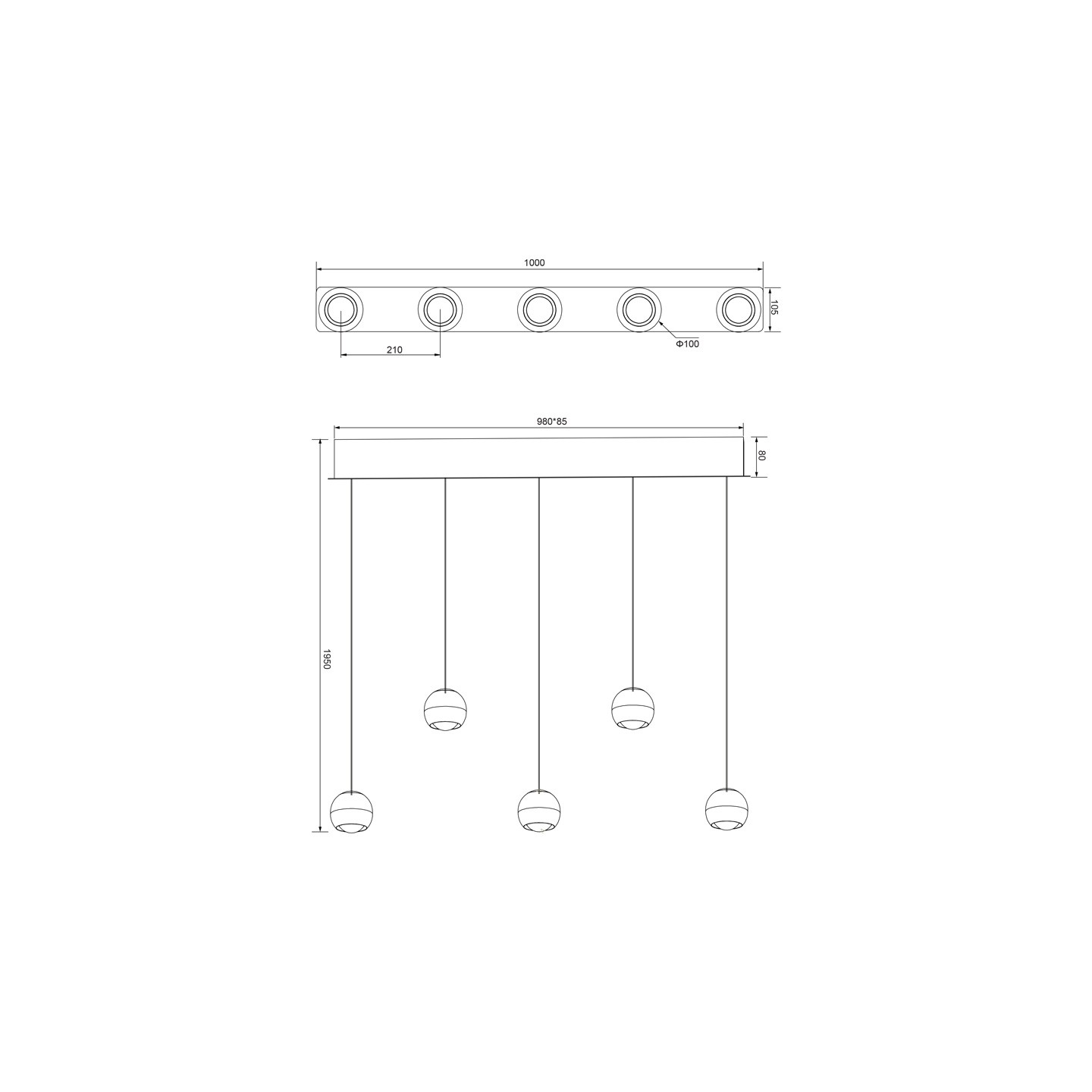 Suspension boule design ORBIT 5 LAMPES, finition nickel ou cuivre