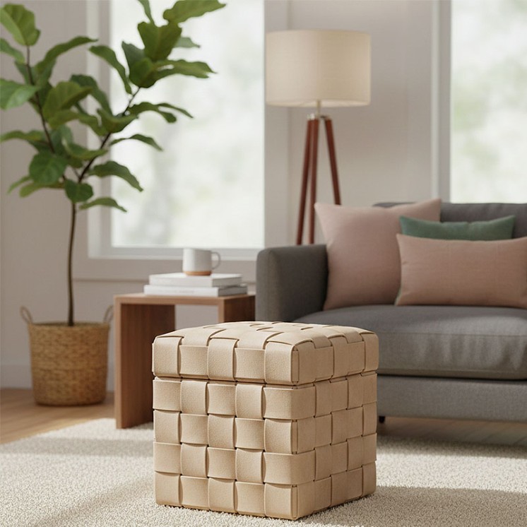 Tabouret coffre rangement WEAVE beige, 2 tailles