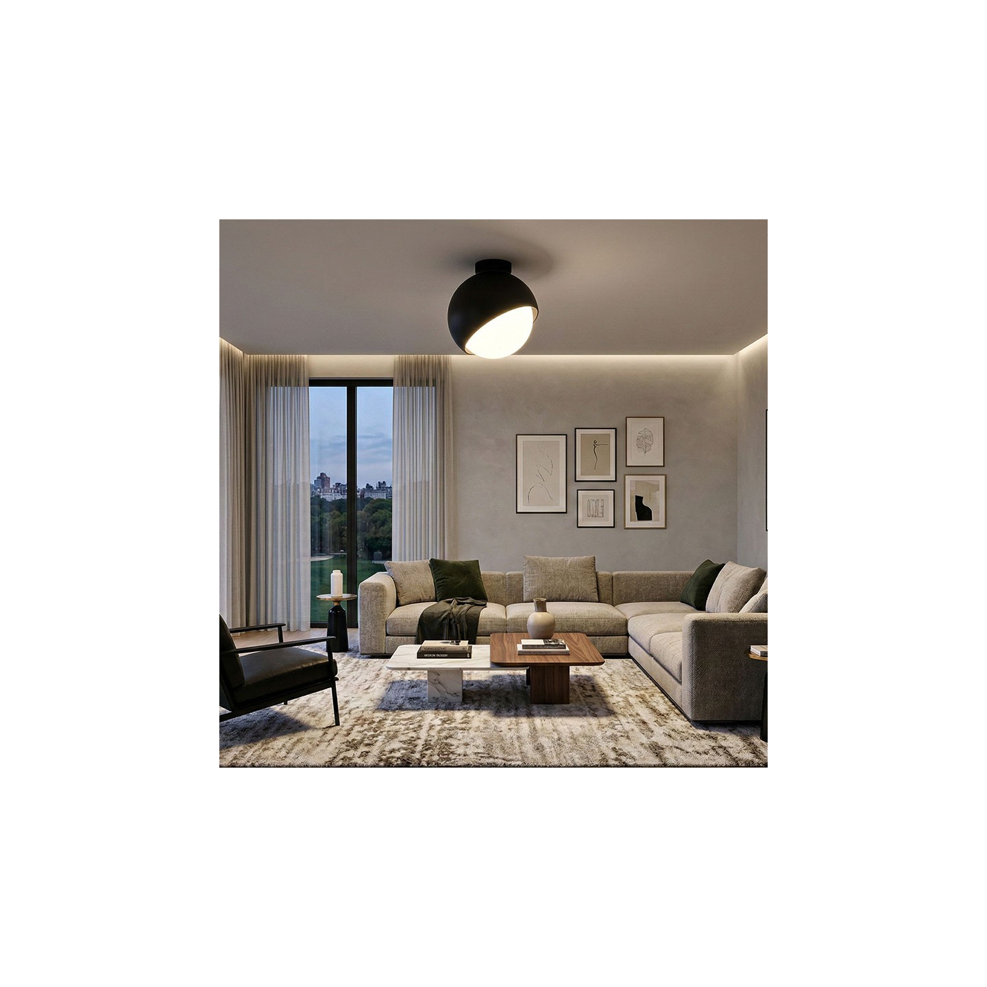 Plafonnier boule en verre BLOOM noir ou ambre, 2 tailles